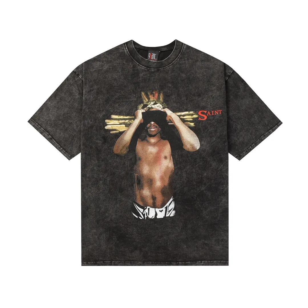 Saint Michael Series Round Neck Distressed Short Sleeves Style No.: 3112P116 Color: Washed Black Size: S M L XL